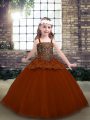 Gorgeous Straps Sleeveless Pageant Gowns For Girls Floor Length Beading and Lace Rust Red Tulle