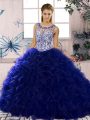 Sexy Scoop Sleeveless 15 Quinceanera Dress Floor Length Beading and Ruffles Purple Organza