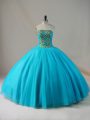 Latest Blue Tulle Lace Up Strapless Sleeveless Floor Length Sweet 16 Dresses Beading