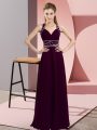 Dark Purple Sleeveless Floor Length Beading Backless Prom Dresses