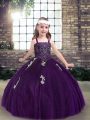 On Sale Sleeveless Tulle Floor Length Lace Up Kids Formal Wear in Purple with Appliques