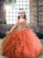 Rust Red Lace Up Straps Beading and Ruffles Kids Pageant Dress Tulle Sleeveless