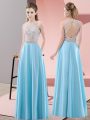 Hot Sale Scoop Sleeveless Backless Prom Dresses Baby Blue Satin