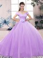 Lavender Tulle Lace Up Sweet 16 Dresses Short Sleeves Floor Length Lace and Hand Made Flower