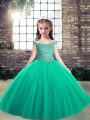 Turquoise Tulle Lace Up Off The Shoulder Sleeveless Floor Length Kids Pageant Dress Appliques