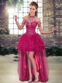 Fuchsia Halter Top Neckline Beading and Ruffles Juniors Party Dress Sleeveless Lace Up