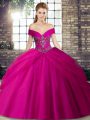 Amazing Tulle Off The Shoulder Sleeveless Brush Train Lace Up Beading and Pick Ups Vestidos de Quinceanera in Fuchsia