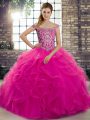 Fuchsia Tulle Lace Up Off The Shoulder Sleeveless Quince Ball Gowns Brush Train Beading and Ruffles