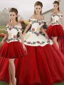Embroidery 15 Quinceanera Dress White And Red Lace Up Sleeveless Floor Length