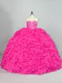 Hot Pink Sweetheart Lace Up Beading and Ruffles 15th Birthday Dress Brush Train Sleeveless