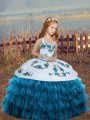 On Sale Blue Straps Lace Up Embroidery and Ruffled Layers Little Girls Pageant Gowns Sleeveless