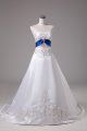 Sleeveless Satin Brush Train Lace Up Bridal Gown in White with Beading and Embroidery