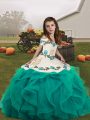 Straps Sleeveless Little Girl Pageant Dress Floor Length Embroidery Teal Tulle