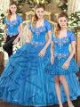 Blue Three Pieces Tulle Sweetheart Sleeveless Beading and Ruffles Floor Length Lace Up Vestidos de Quinceanera