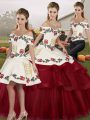 Wine Red Lace Up Off The Shoulder Embroidery and Ruffled Layers Quinceanera Dress Tulle Sleeveless Brush Train