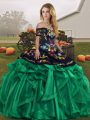 Super Green Lace Up Off The Shoulder Embroidery and Ruffles Quinceanera Gown Organza Sleeveless