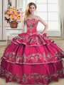 Dynamic Organza Sweetheart Sleeveless Lace Up Embroidery and Ruffled Layers Quince Ball Gowns in Hot Pink