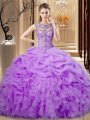 Delicate Floor Length Lace Up Quinceanera Dresses Lavender for Sweet 16 and Quinceanera with Beading and Ruffles and Pick Ups