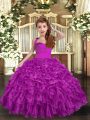 Sleeveless Floor Length Ruffles and Ruching Lace Up Little Girls Pageant Dress with Fuchsia