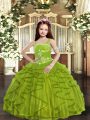 Olive Green Ball Gowns Beading and Ruffles Little Girl Pageant Gowns Lace Up Tulle Sleeveless Floor Length