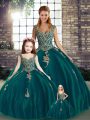 Beading and Appliques Sweet 16 Quinceanera Dress Peacock Green Lace Up Sleeveless Floor Length