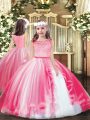 Customized Pink Ball Gowns Lace Kids Pageant Dress Zipper Tulle Sleeveless Floor Length