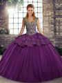 Purple Straps Lace Up Beading and Appliques Ball Gown Prom Dress Sleeveless