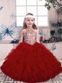Red Little Girls Pageant Gowns Party and Military Ball and Wedding Party with Beading and Ruffles High-neck Sleeveless Lace Up