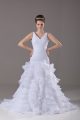 Cute White V-neck Lace Up Ruffled Layers Bridal Gown Brush Train Sleeveless