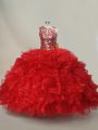 Sleeveless Floor Length Ruffles and Sequins Lace Up Quinceanera Dresses with Red