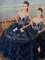 Two Pieces Ball Gown Prom Dress Navy Blue Sweetheart Satin and Organza Sleeveless Floor Length Lace Up