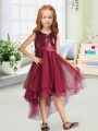 Suitable Burgundy Organza Zipper Toddler Flower Girl Dress Sleeveless High Low Sequins and Bowknot