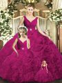 Hot Selling Ball Gowns Sweet 16 Dresses Fuchsia V-neck Fabric With Rolling Flowers Sleeveless Floor Length Backless