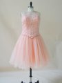 Exceptional Pink Scoop Neckline Beading Evening Dress Sleeveless Lace Up