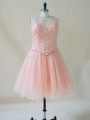 Exceptional Pink Scoop Neckline Beading Evening Dress Sleeveless Lace Up