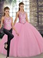 Affordable Floor Length Pink Quinceanera Gowns Scoop Sleeveless Lace Up