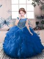 Great Floor Length Blue Child Pageant Dress Organza Sleeveless Beading and Ruffles