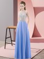 Scoop Sleeveless Dress Like A Star Floor Length Beading Blue Satin