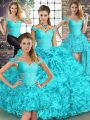 Popular Aqua Blue Sleeveless Floor Length Beading and Ruffles Lace Up Quinceanera Dress