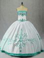 White Ball Gowns Strapless Sleeveless Satin Floor Length Lace Up Embroidery 15th Birthday Dress