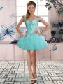 Perfect Sleeveless Mini Length Beading and Ruffles Lace Up Prom Dress with Aqua Blue