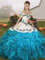 Exquisite Embroidery and Ruffles Sweet 16 Dress Blue And White Lace Up Sleeveless Floor Length