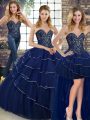 Attractive Brush Train Three Pieces Sweet 16 Dresses Navy Blue Sweetheart Tulle Sleeveless Lace Up