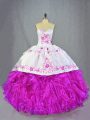Deluxe Fuchsia Organza Lace Up Ball Gown Prom Dress Sleeveless Brush Train Beading and Embroidery and Ruffles