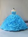Sleeveless Organza Court Train Lace Up Quinceanera Gown in Baby Blue with Beading and Pick Ups and Hand Made Flower
