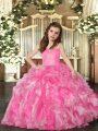 Fashion Rose Pink Sleeveless Organza Lace Up Kids Pageant Dress for Party and Sweet 16 and Wedding Party