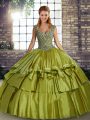 Modern Olive Green Ball Gowns Taffeta Straps Sleeveless Beading and Ruffled Layers Floor Length Lace Up Quinceanera Gowns