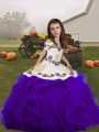 Sleeveless Organza Floor Length Lace Up Pageant Dress for Womens in Purple with Embroidery and Ruffles