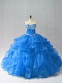 Inexpensive Sleeveless Organza Floor Length Lace Up Ball Gown Prom Dress in Blue with Beading and Ruffles