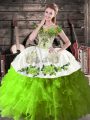 Customized Green Organza Lace Up Off The Shoulder Sleeveless Floor Length 15 Quinceanera Dress Embroidery and Ruffles